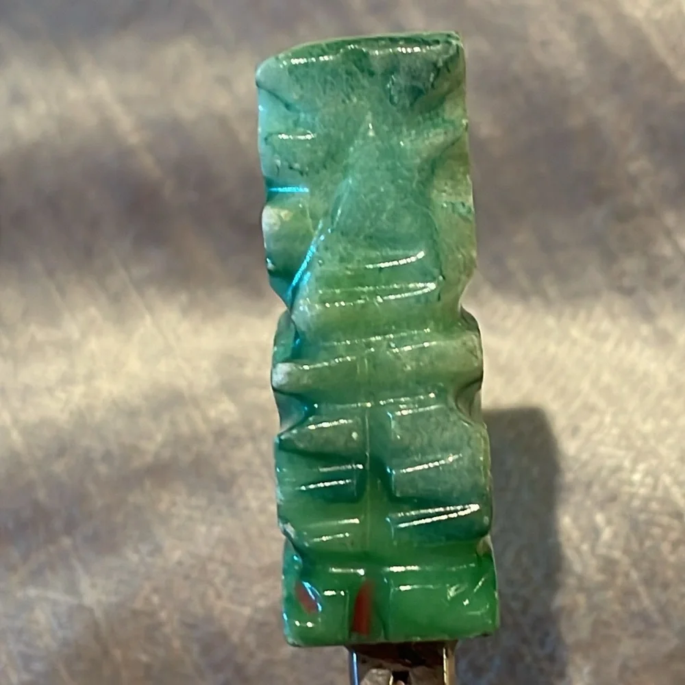 Mexican Green Jade Mayan Calendar Spoon Silver 4 1/4”